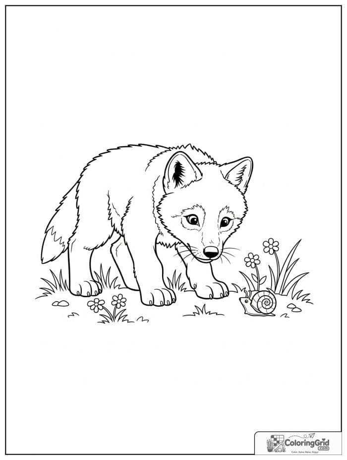 Wolf cub looking at a tiny snail.