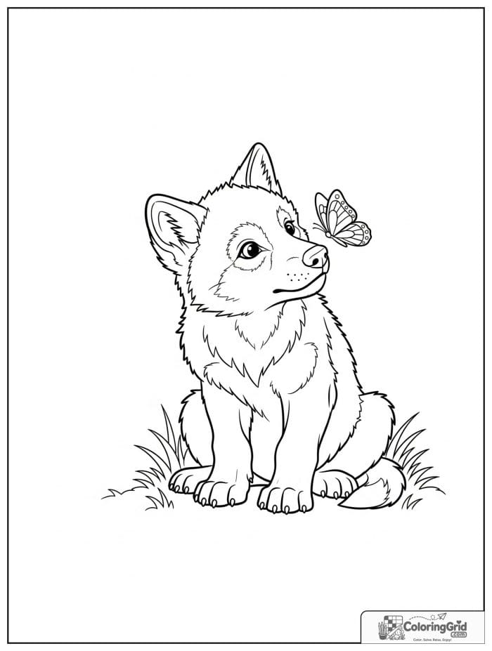 Wolf cub watching a butterfly.