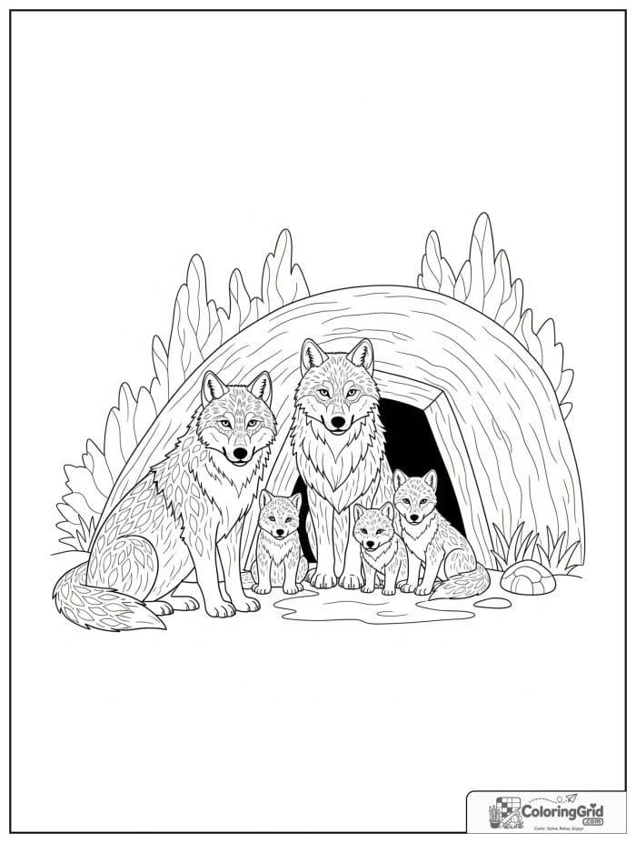 Wolf family sitting near a den entrance.