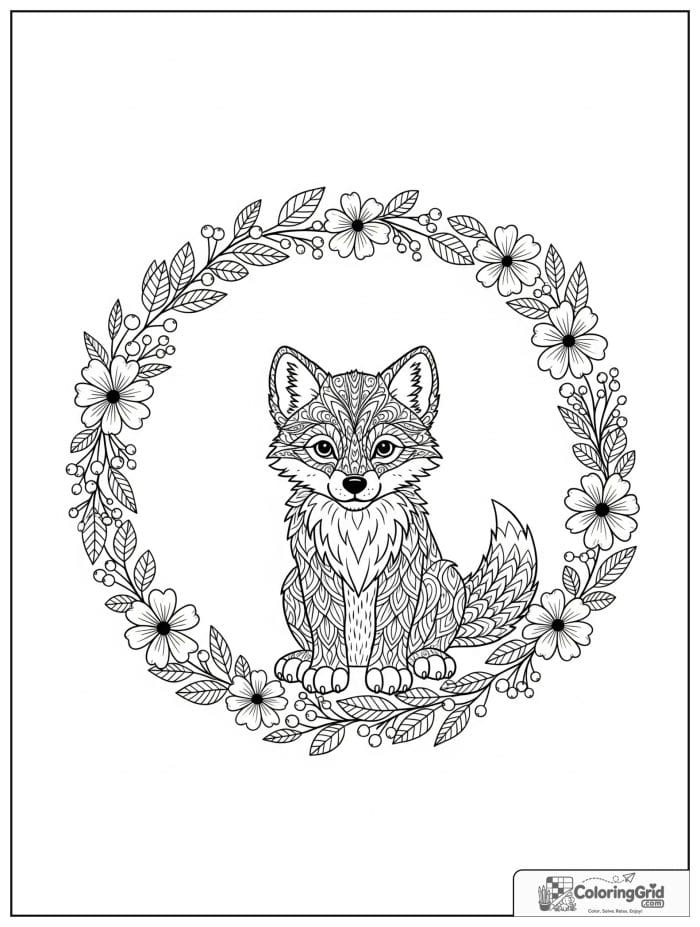Wolf cub sitting inside a floral wreath.