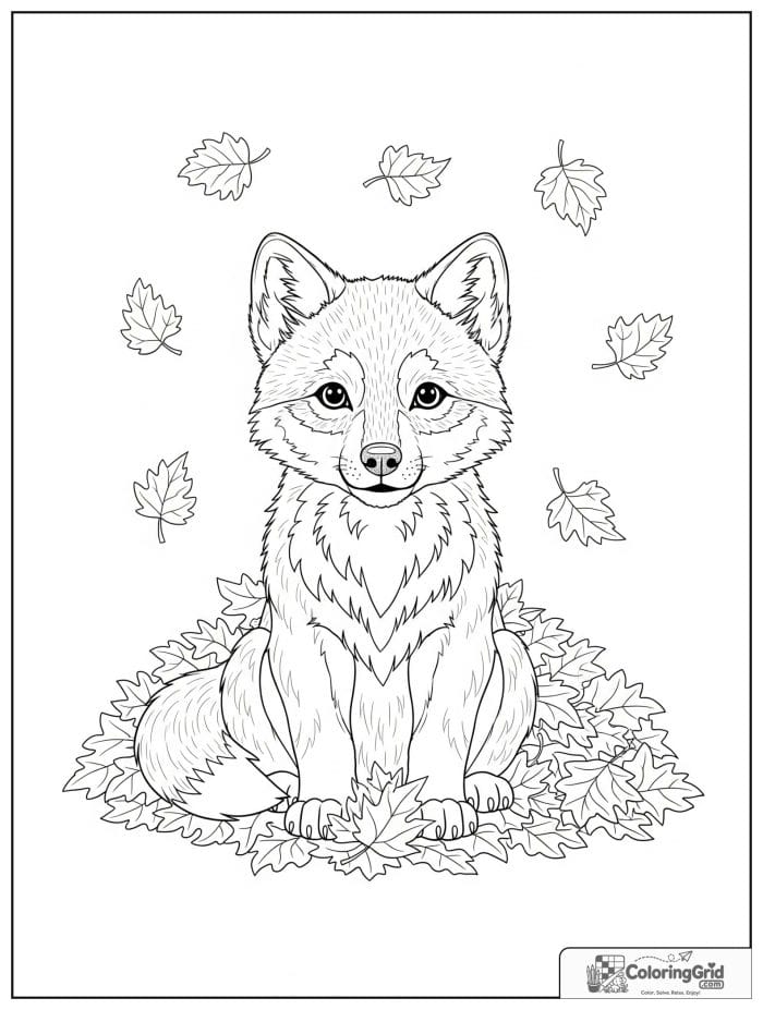 Wolf cub sitting in autumn leaves.