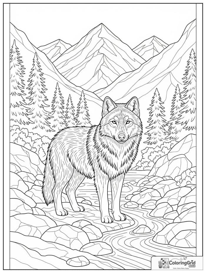 Wolf standing beside a mountain stream.