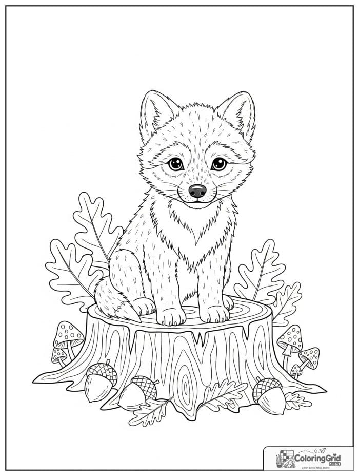 Wolf pup sitting on a woodland tree stump.