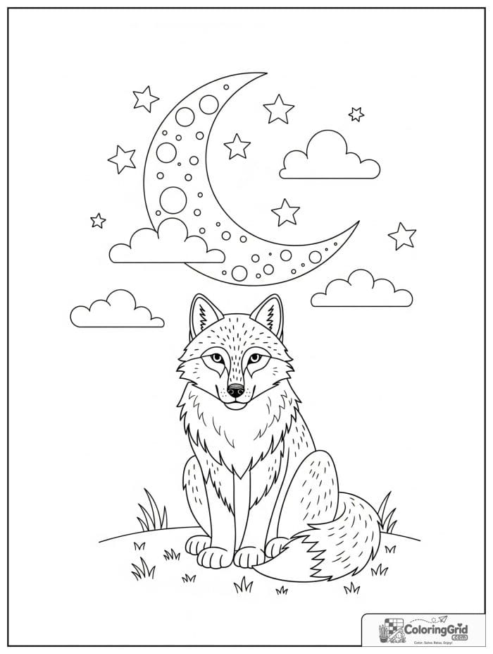 Wolf sitting under moon and stars.