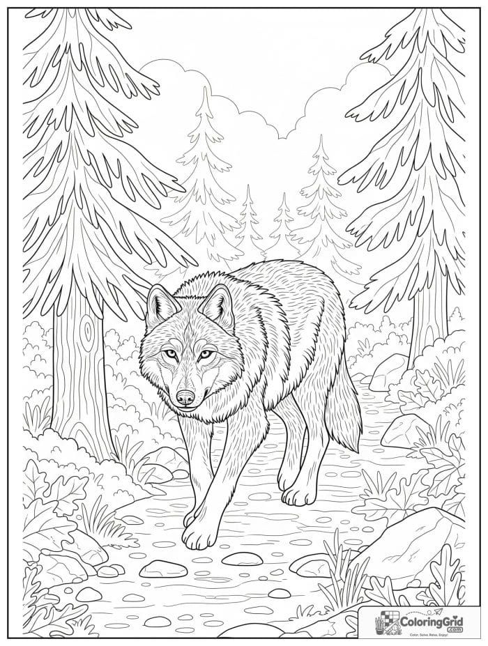 Wolf walking through a forest path.