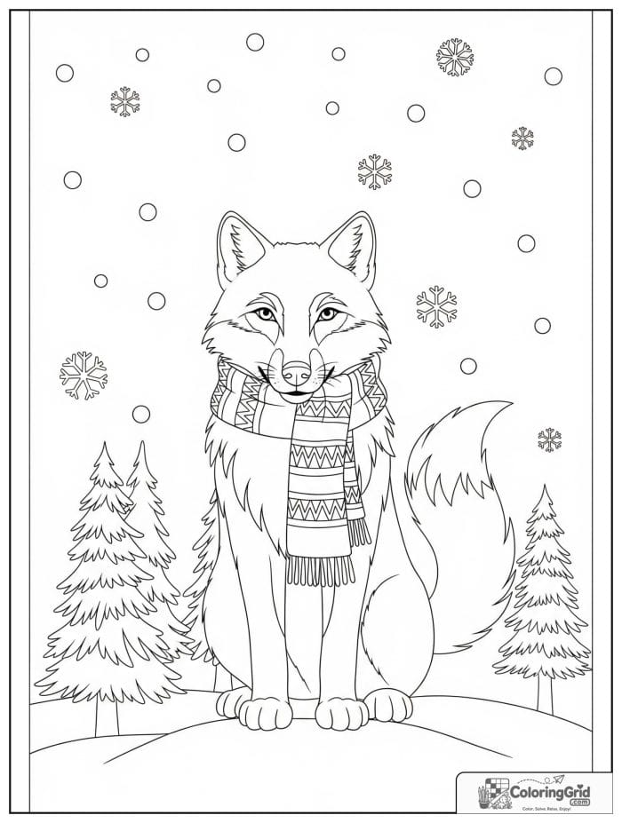 Cozy wolf wearing a scarf in snow.
