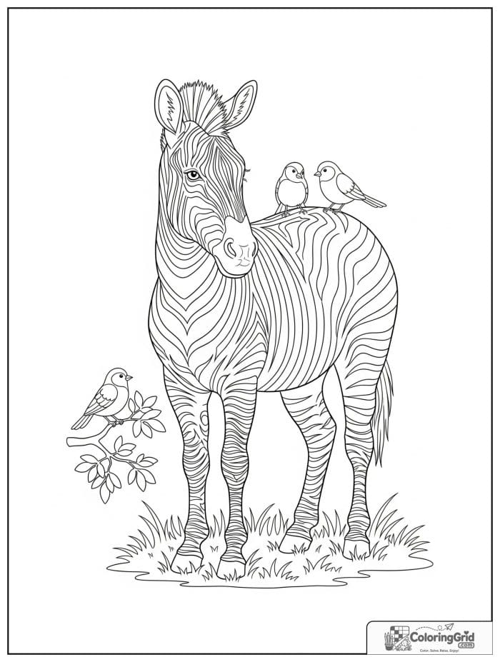 Zebra standing with small birds nearby.