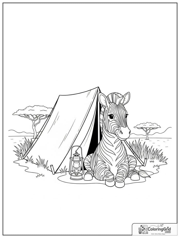 Friendly zebra camping beside a tent.