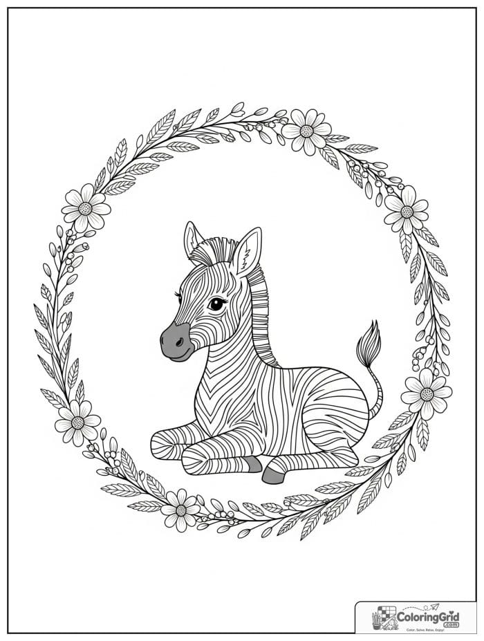 Zebra foal sitting inside a floral wreath.