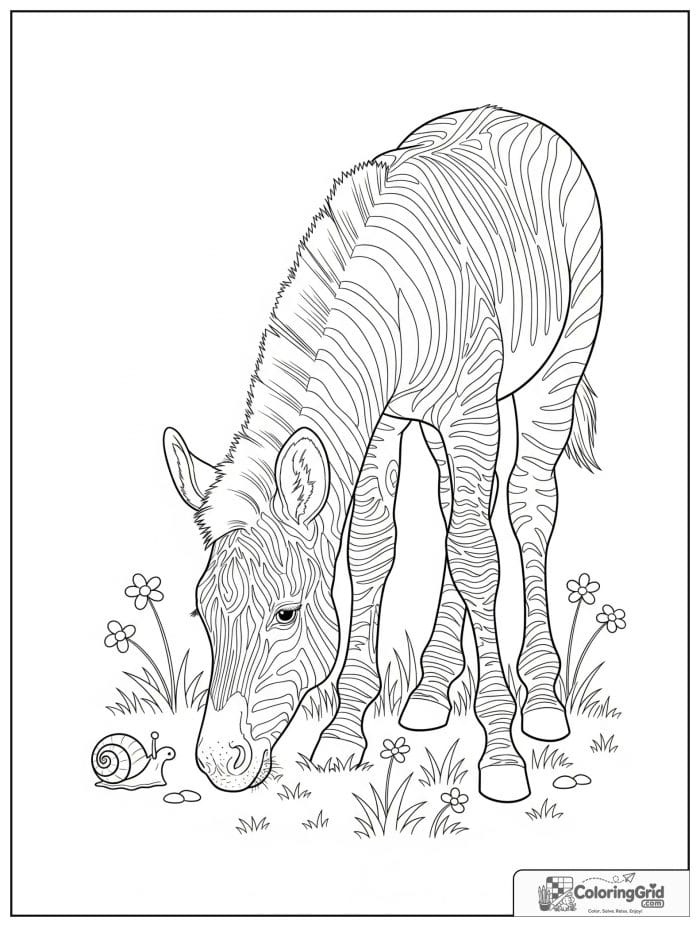Zebra foal looking at a tiny snail.