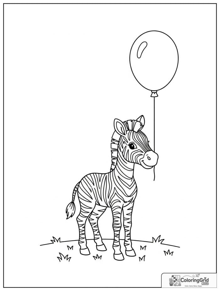 Zebra foal holding a round balloon.