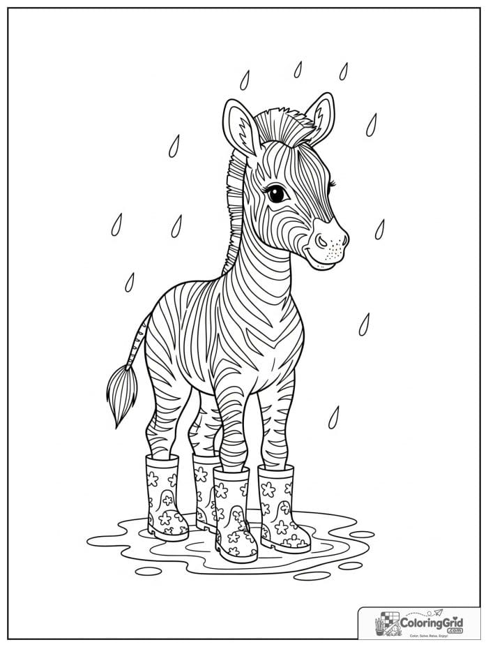 Cheerful zebra foal wearing rain boots.