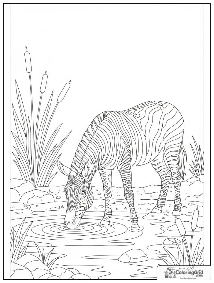 Zebra drinking near a waterhole.