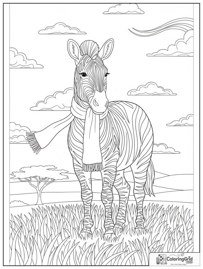 Cozy zebra wearing a scarf in the savanna.