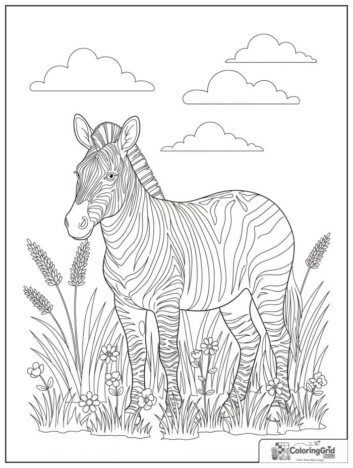 Zebra standing among tall savanna grass.