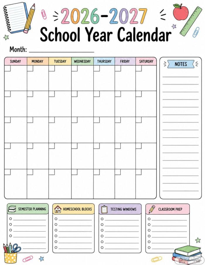 Printable 2026-2027 academic calendar with monthly grid and notes column
