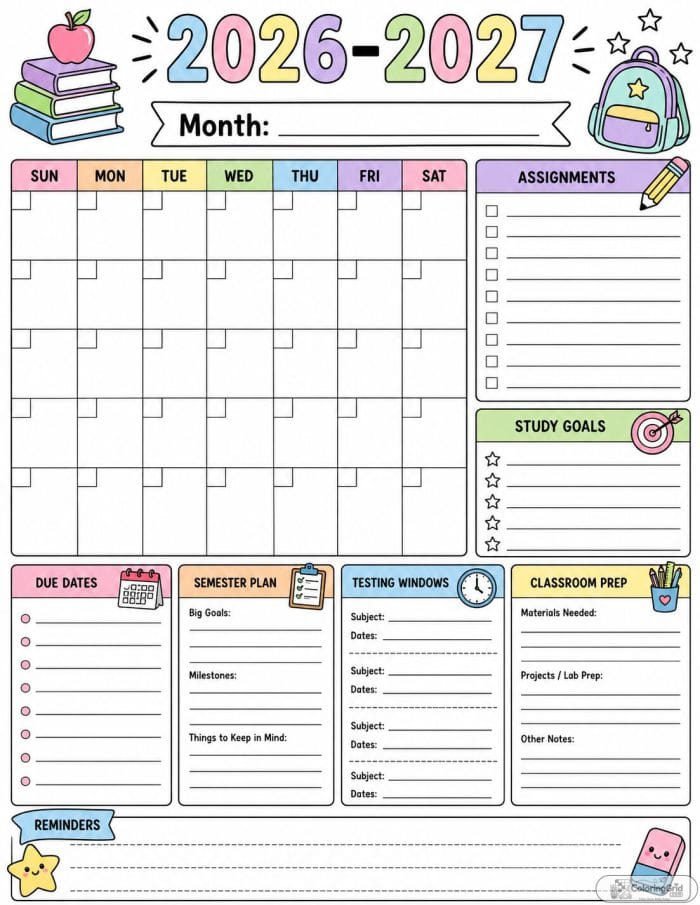 Printable 2026-2027 school calendar with assignment tracker and study goals