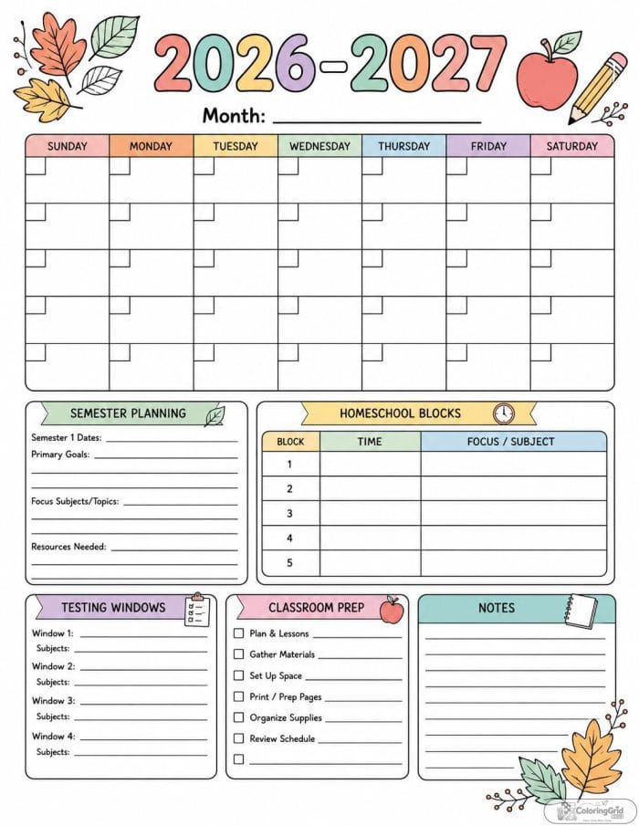 Printable 2026-2027 autumn homeschool calendar with semester planning and notes