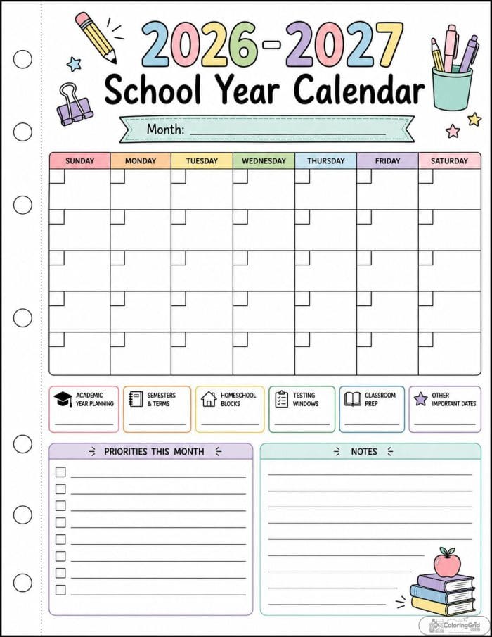 Printable 2026-2027 binder style academic calendar with notes and reminder sections