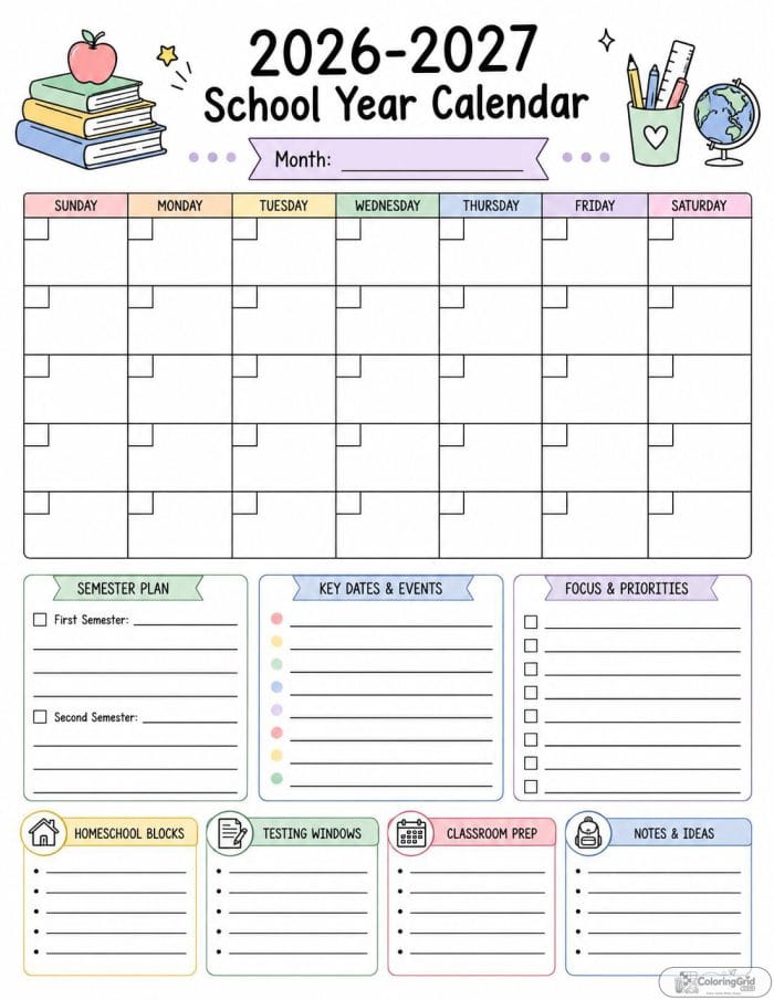 Printable 2026-2027 classroom checklist calendar with school planning boxes