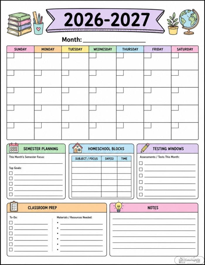 Printable 2026-2027 classroom prep planner calendar with notes and school blocks