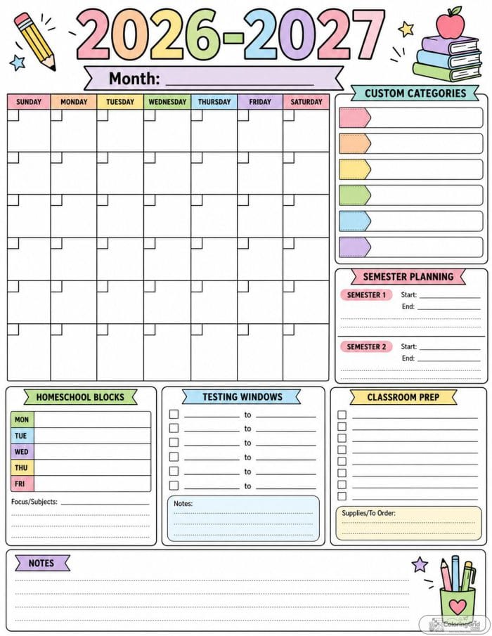 Printable 2026-2027 school planner calendar with custom categories and planning boxes