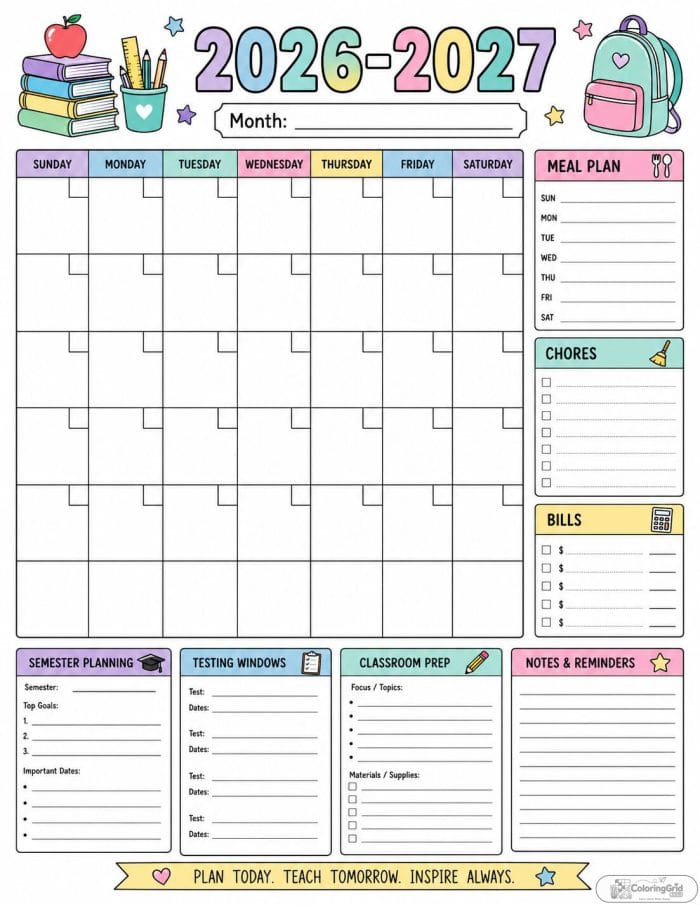Printable 2026-2027 family command center calendar with meal plan and chores