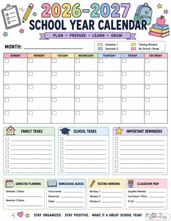 Printable 2026-2027 family school planner calendar with task and reminder boxes