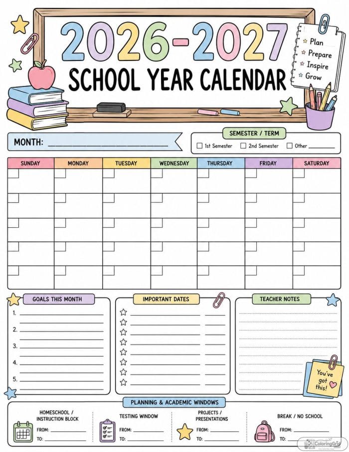 Printable 2026-2027 school calendar with goals, events, and progress tracker