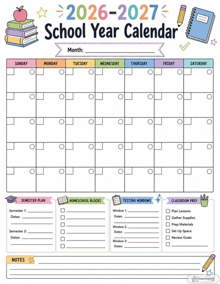 Printable 2026-2027 homeschool planning calendar with academic blocks and notes