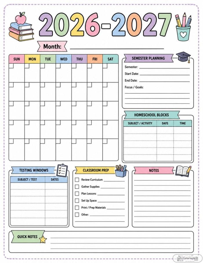 Printable 2026-2027 school calendar with homework tracker and notes sections