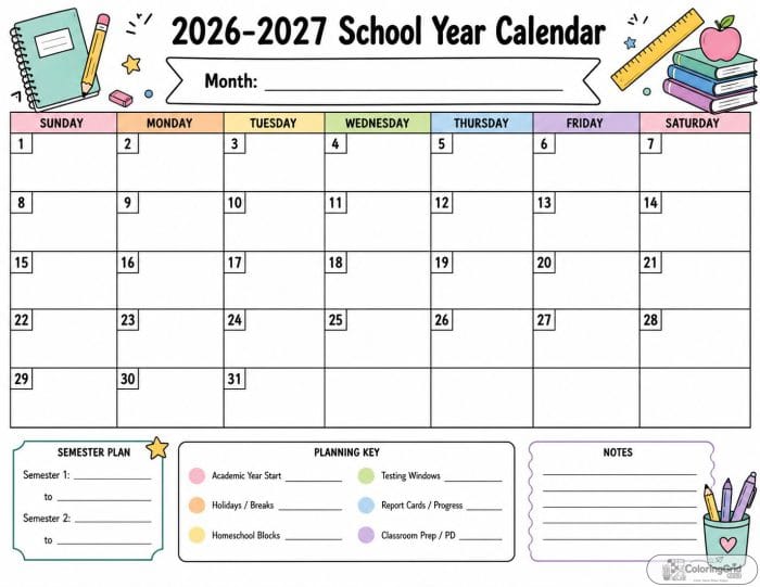 Printable 2026-2027 landscape classroom calendar with monthly grid and notes areas