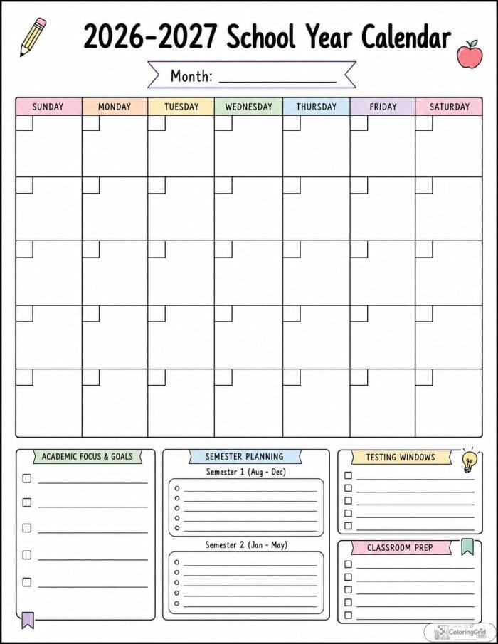 Printable 2026-2027 minimal academic planner calendar with blank date boxes