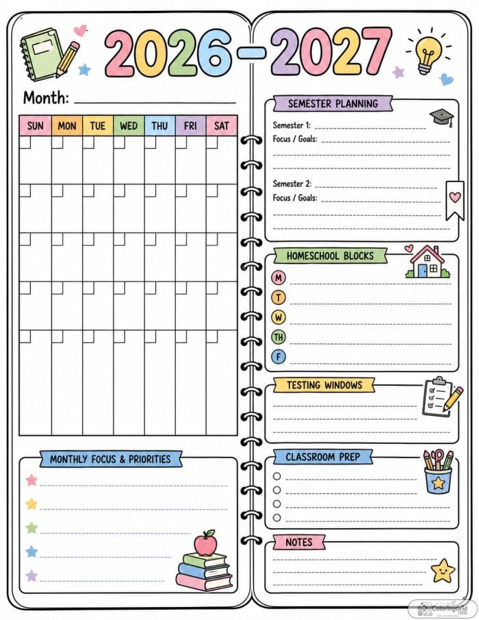 Printable 2026-2027 notebook style academic planner calendar with school planning sections