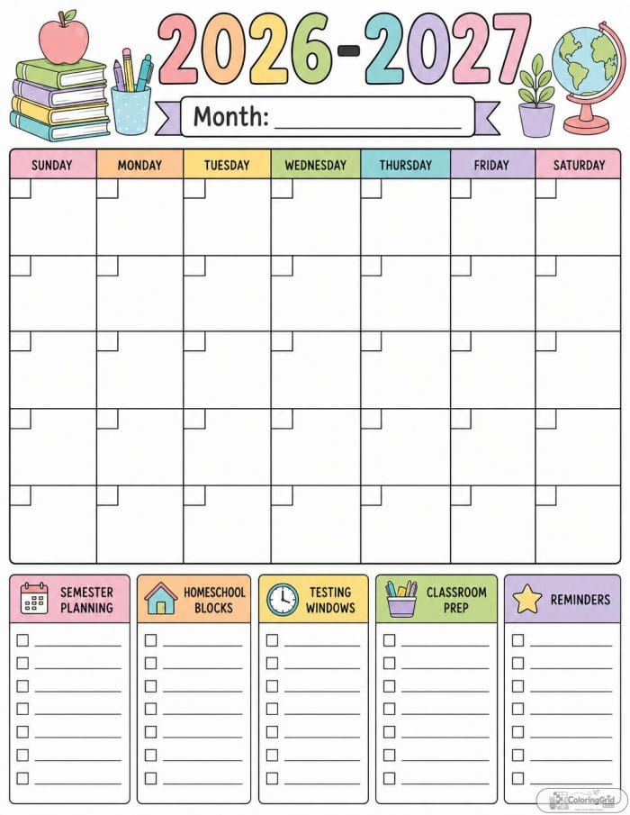 Printable 2026-2027 semester planning calendar with school notes and reminders
