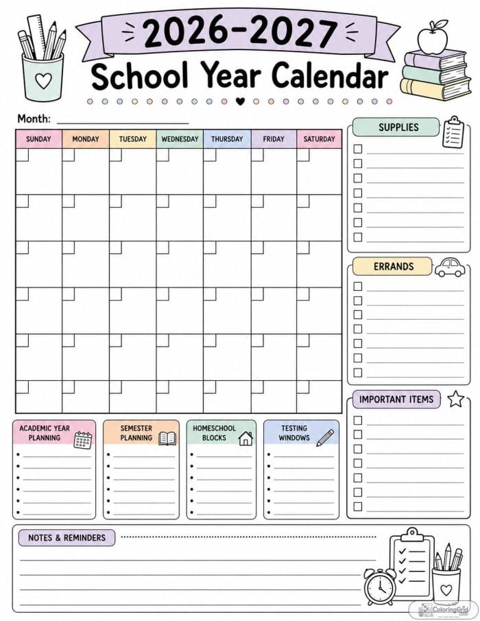 Printable 2026-2027 school calendar with supplies, errands, and project notes