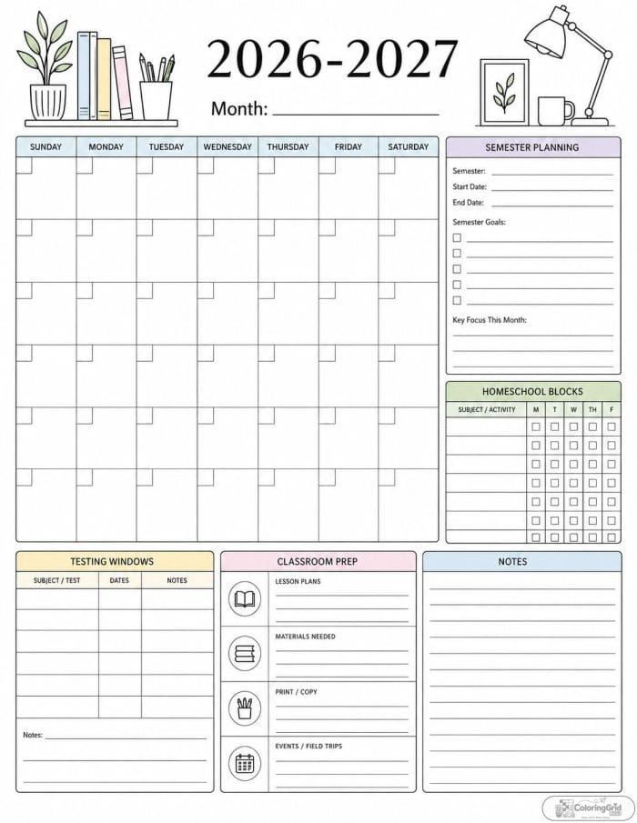Printable 2026-2027 teacher planning calendar with homeschool blocks and classroom prep