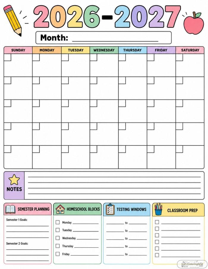 Printable 2026-2027 school calendar with testing window and classroom prep sections