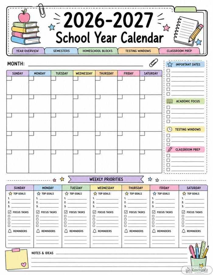 Printable 2026-2027 school calendar with weekly priorities and planning sidebar