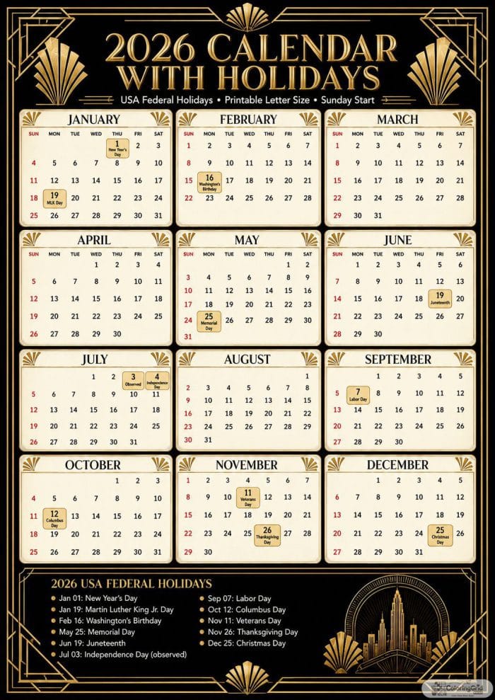 Printable 2026 calendar with holidays in a black and gold art deco design
