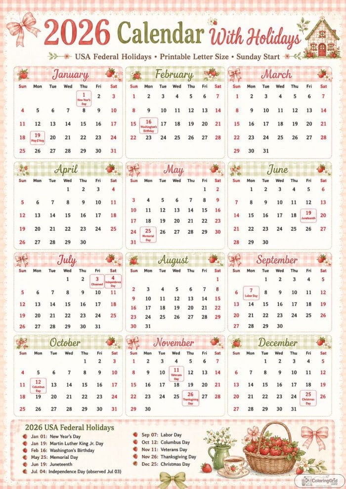 Printable 2026 calendar with holidays in an autumn harvest design