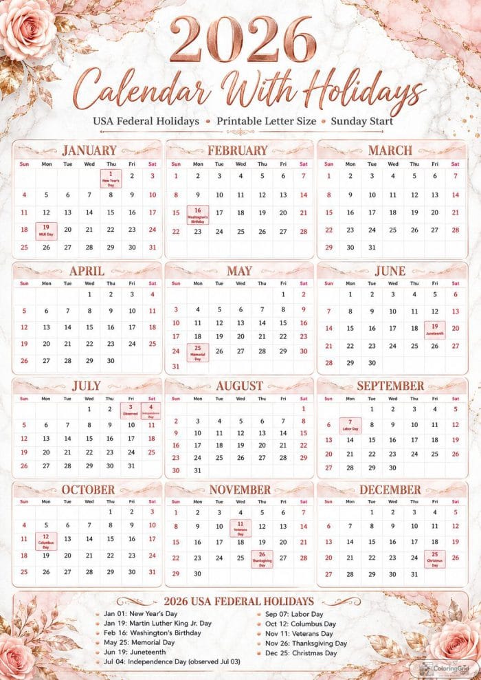 Printable 2026 calendar with holidays in a blush floral design
