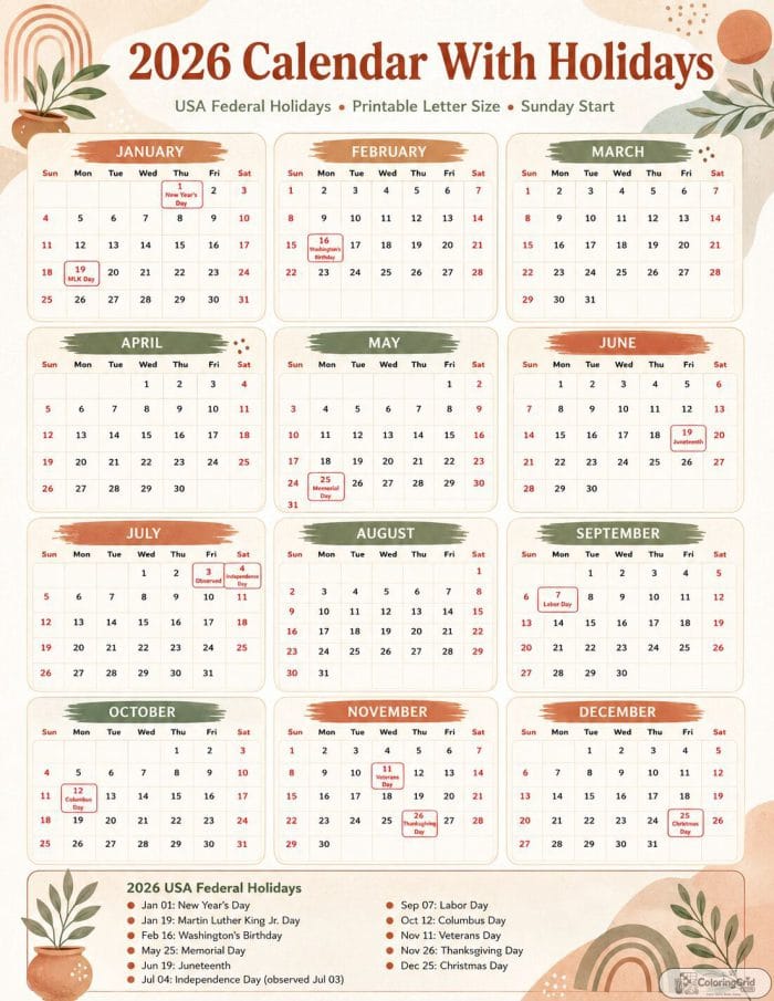 Printable 2026 calendar with holidays in a neutral boho design