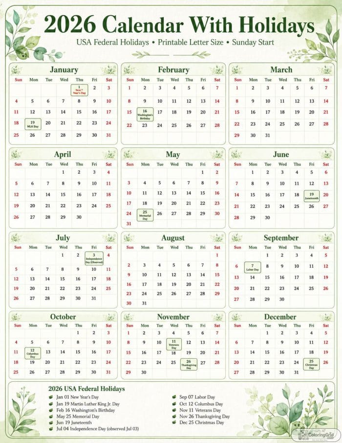 Printable 2026 calendar with holidays decorated with green botanical leaves