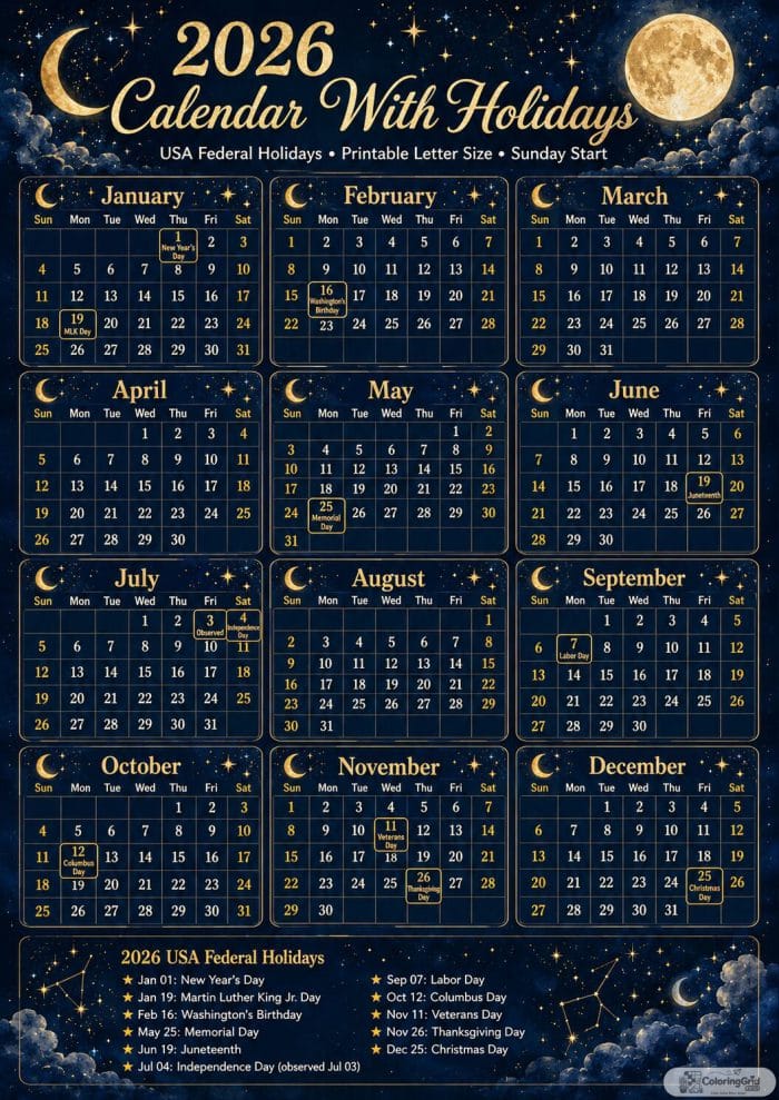 Printable 2026 calendar with holidays in a dark celestial moon and stars design