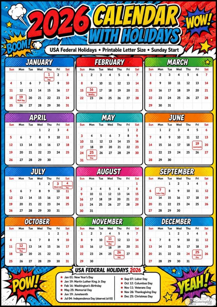Printable 2026 calendar with holidays in a colorful comic pop art design