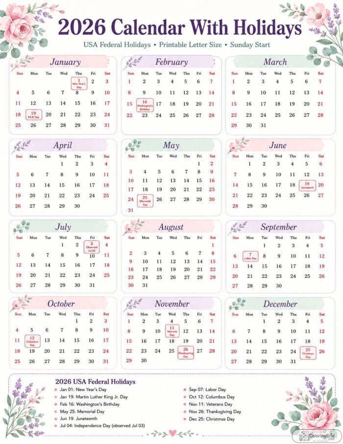 Printable 2026 calendar with holidays in a soft pastel floral design