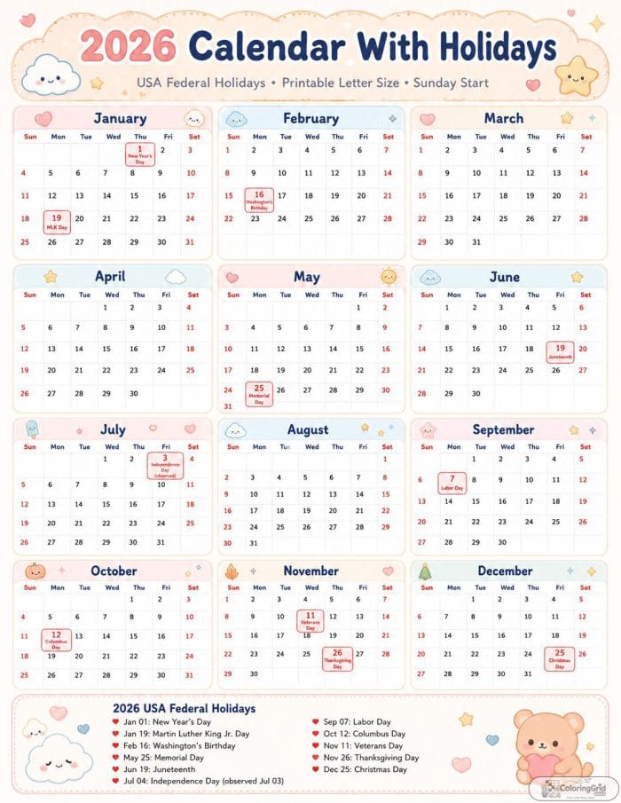 Printable 2026 calendar with holidays in a cute kawaii clouds and stars design