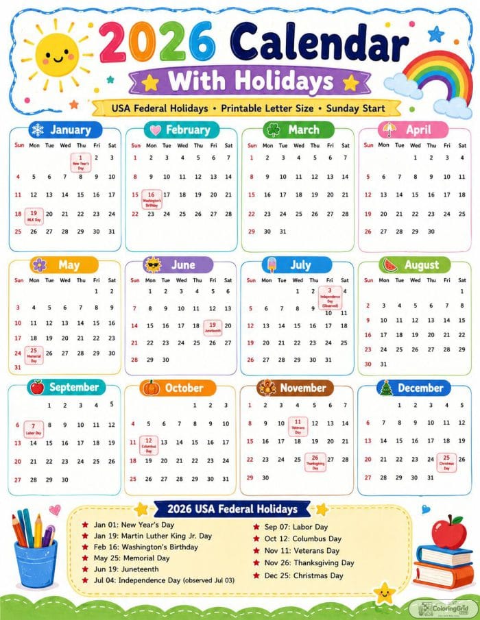 Printable 2026 calendar with holidays in a colorful kids classroom design