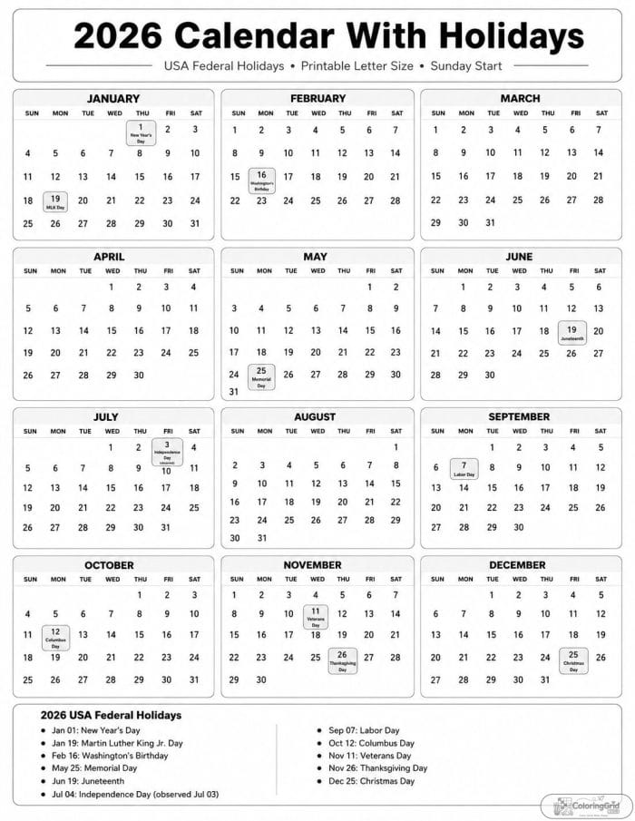 Printable 2026 calendar with holidays in a clean black and white layout